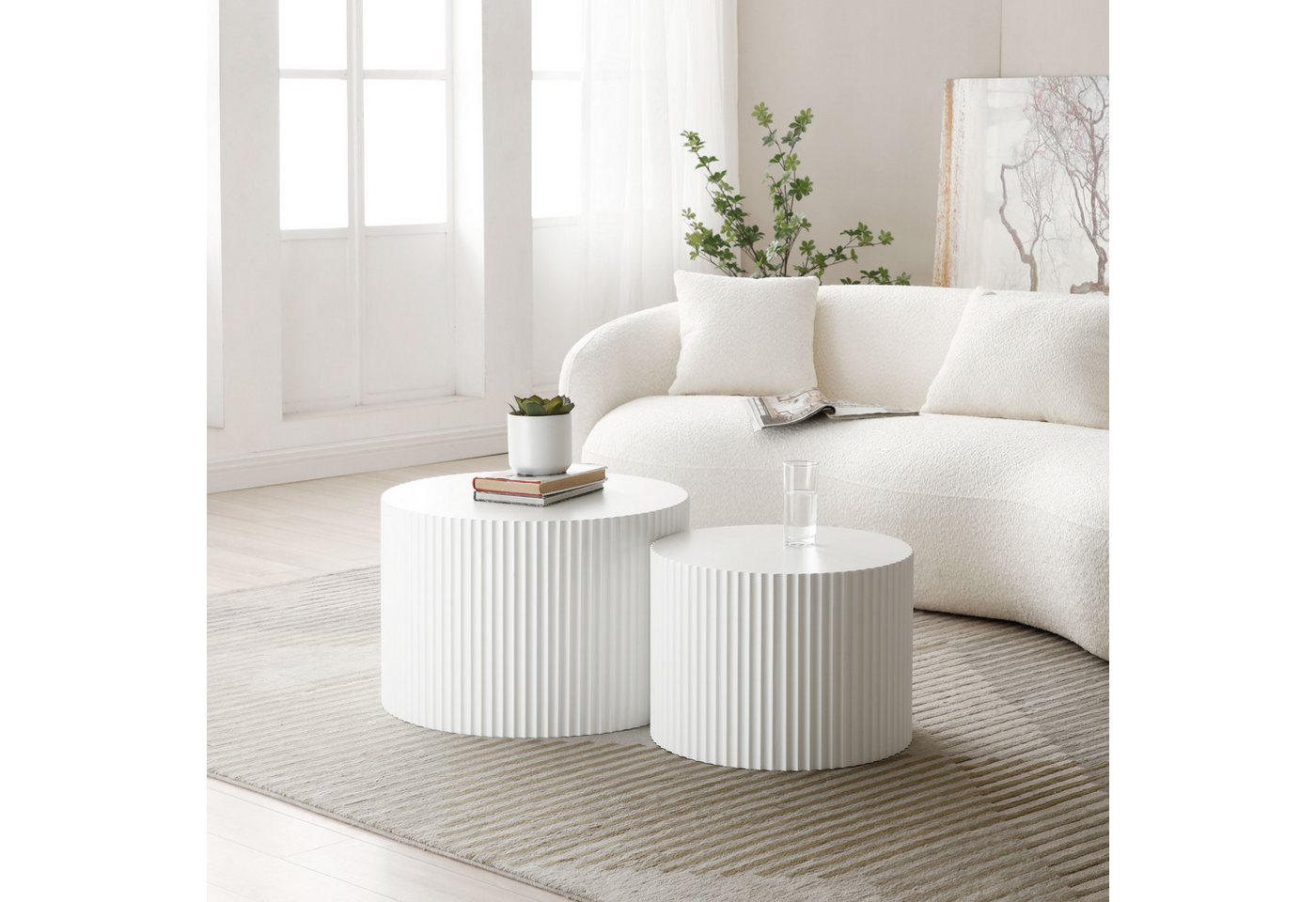 NJLyuhome Couchtisch Modernes Nesting Set, Wohnzimmer-Kaffeeset, Runde Couchtische (2-St), Wellen-Design-Beistelltisch-Set mit wellenförmiger Struktur – Bild 4 von 5