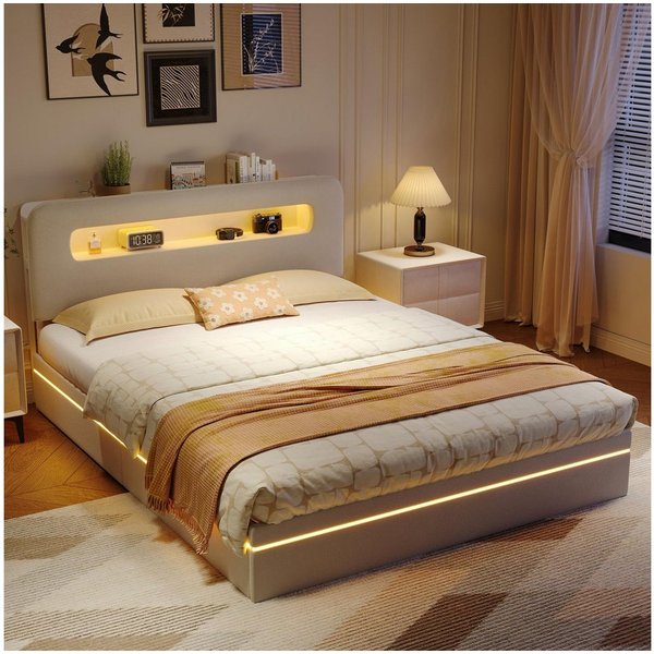 NMCXXO Polsterbett LED Doppelbett 140x200 cm (USB-Ladeanschluss), Bettkasten, Ladefunktion, Teddysamt, 140x200