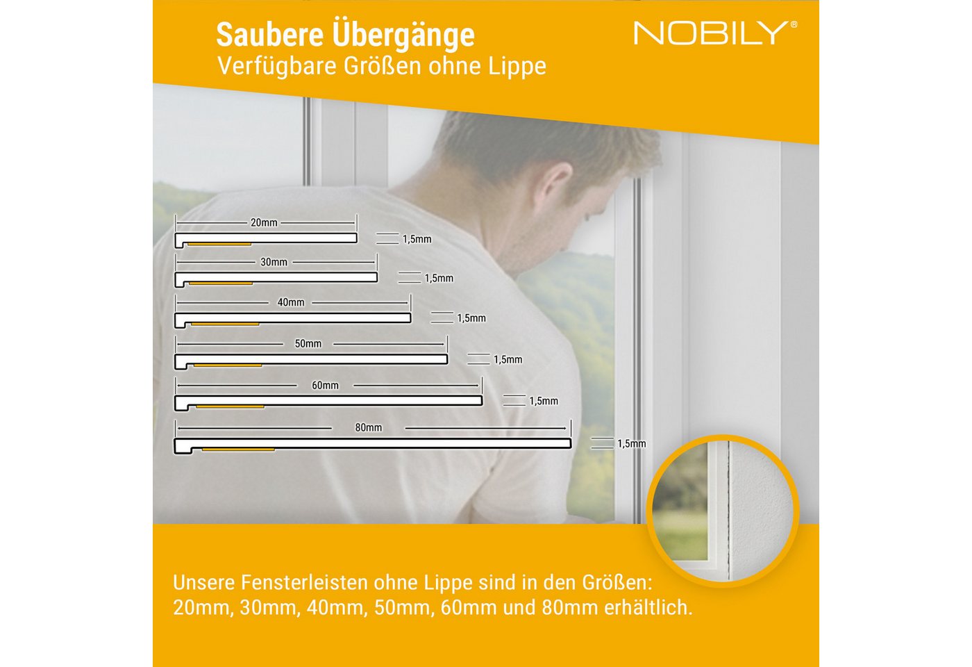 Nobily Fensterleiste PVC, 20mm ohne Lippe, selbstklebend, Zierleisten zur Montage, selbstklebend, Kunststoff, Farbe: Weiß – Bild 3 von 5