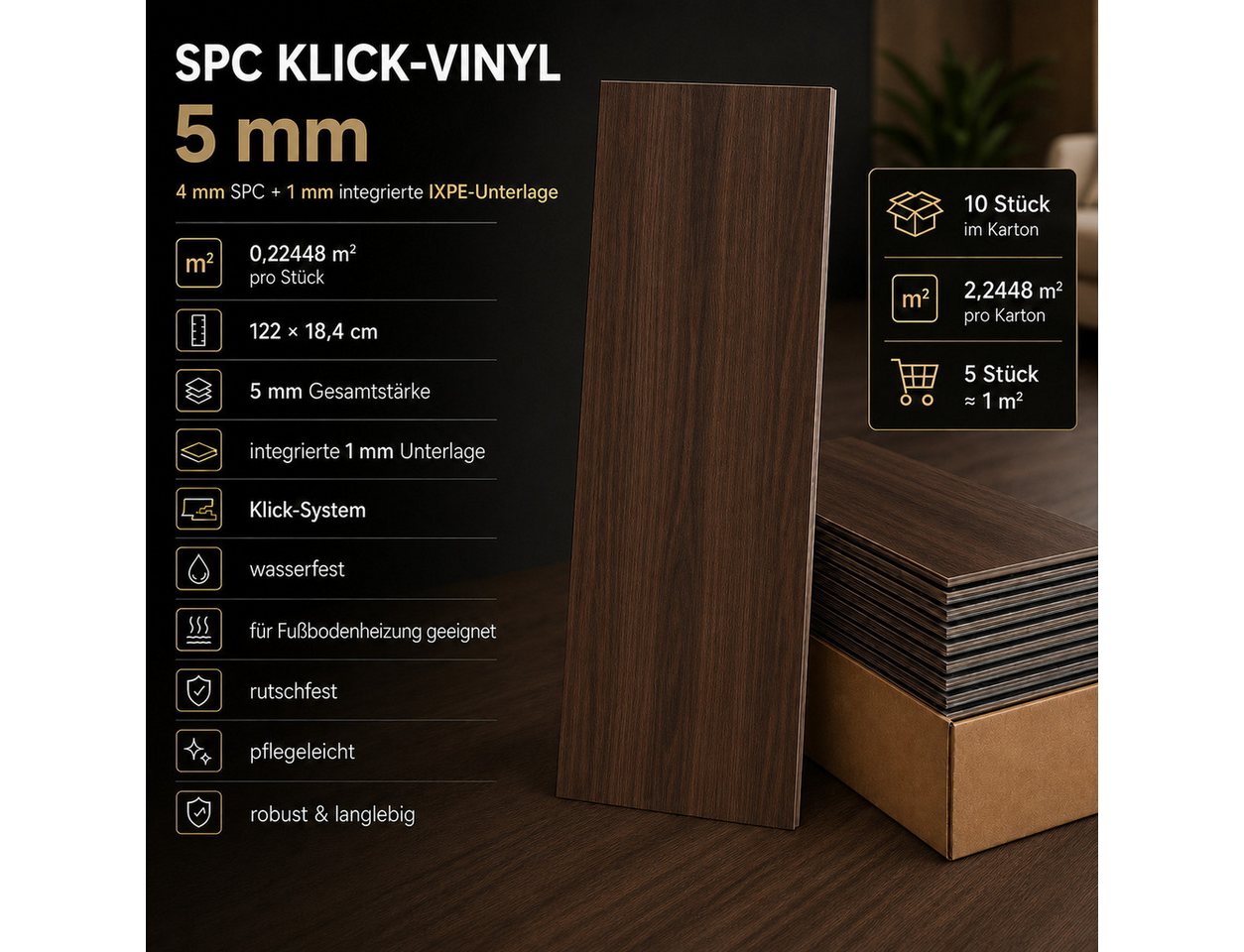 NoblesBox Designboden SPC Klick-Vinylboden 5 mm mit Trittschalldämmung in Holzoptik, kleberfrei, mit Trittschalldämmung, wasserfest, pflegeleicht – Bild 3 von 5