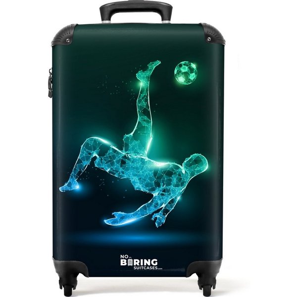 NoBoringSuitcases.com© Kinderkoffer Silhouette eines Fußballspielers in Grün und Blau 55x35x20cm, Handgepäck Koffer, Hartschalenkoffer Kinder, Reisekoffer Junge