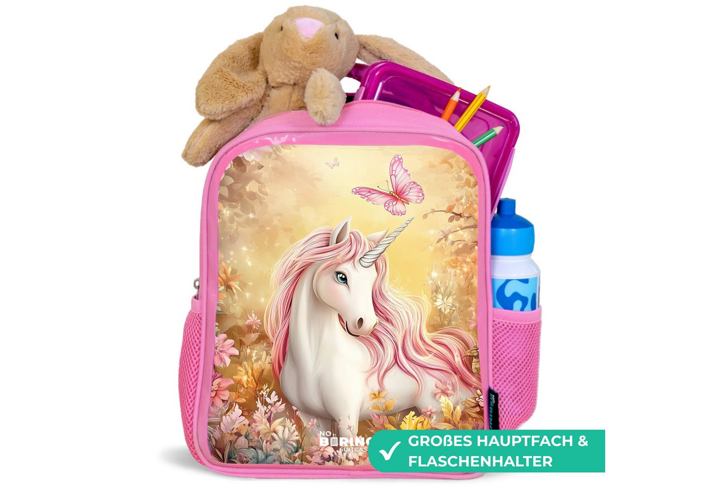 NoBoringSuitcases.com© Rucksack Rosa - Einhorn - Schmetterling - Rosa - Mähne, Kinderrucksack, Schulrucksack, Freizeitrucksack, Mädchen, Kindergarten – Bild 2 von 5