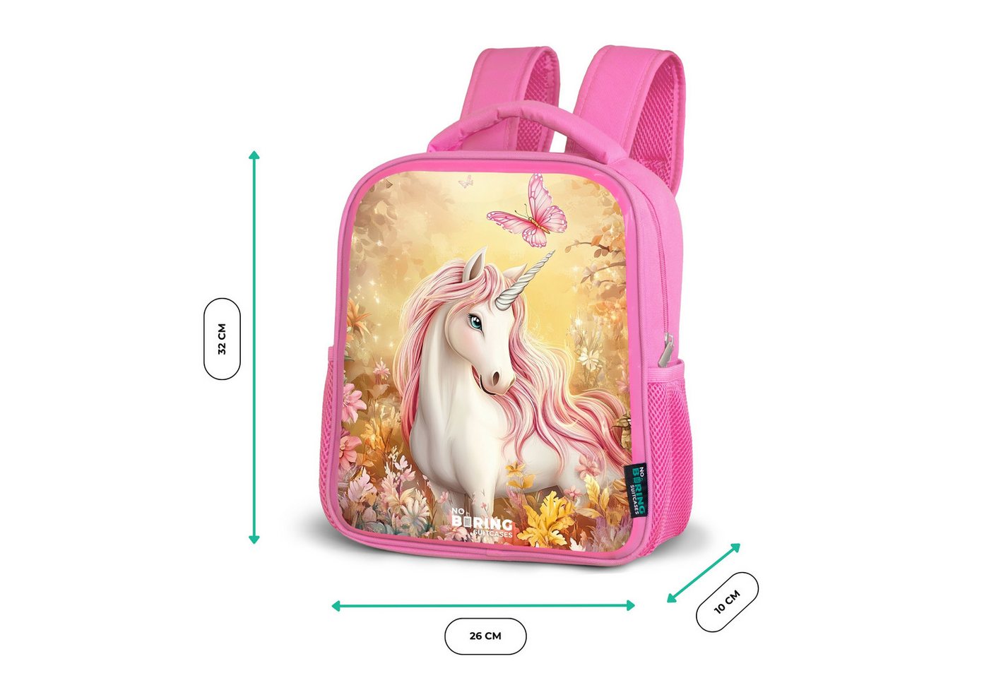 NoBoringSuitcases.com© Rucksack Rosa - Einhorn - Schmetterling - Rosa - Mähne, Kinderrucksack, Schulrucksack, Freizeitrucksack, Mädchen, Kindergarten – Bild 5 von 5