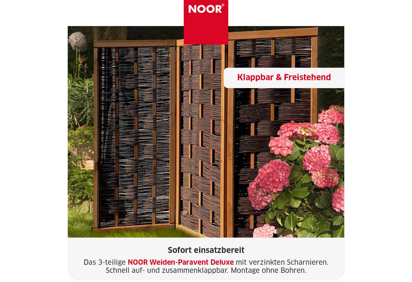 NOOR Paravent Weide DELUXE - klappbar - Sichtschutz-Module (3 St), hochwertiger Wind- und Sichtschutz für Garten, Terrasse und Balkon – Bild 2 von 5
