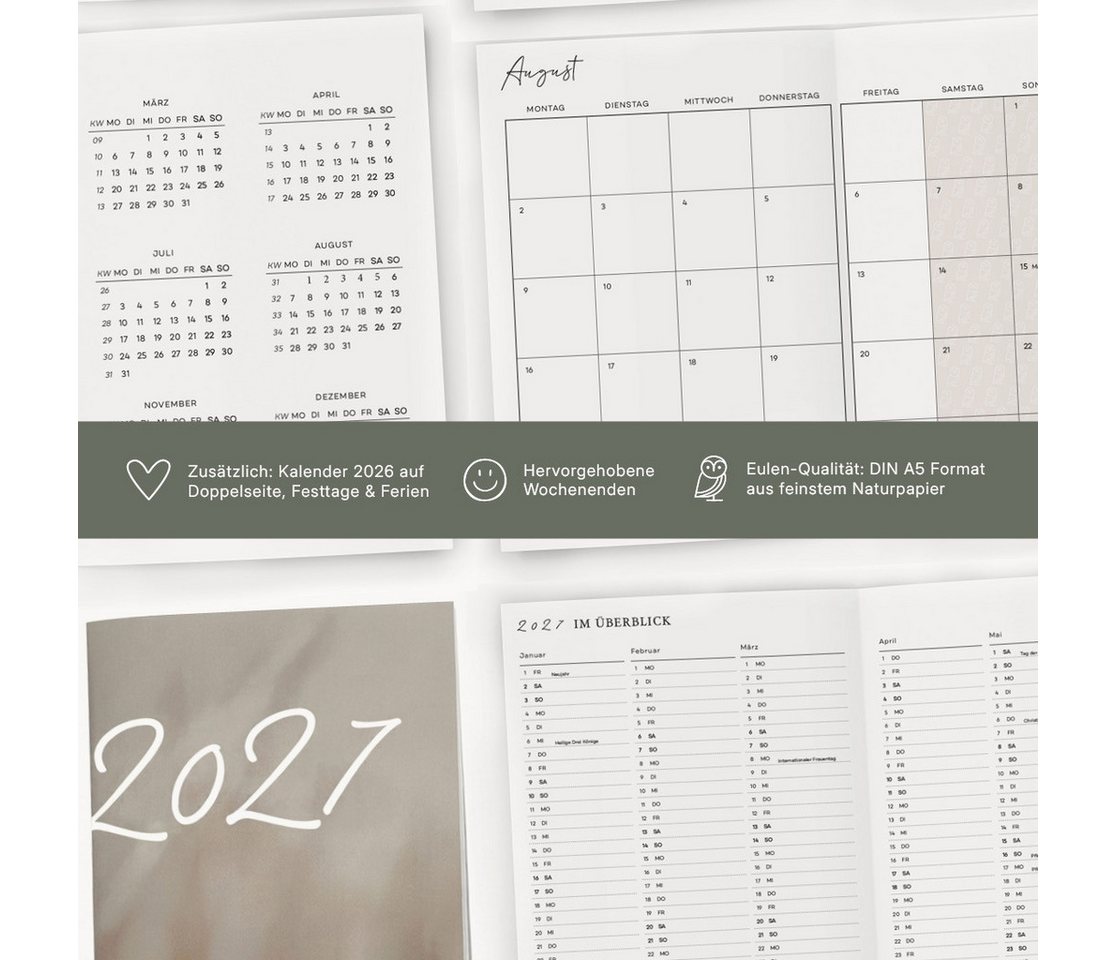 NORDEULE Monatskalender 2027 Beige, Jahresplaner A5 mit deutschen Feiertagen & Zeitumstellung, idealer Terminkalender für Unterwegs, Büro oder Zuhause – Bild 4 von 5