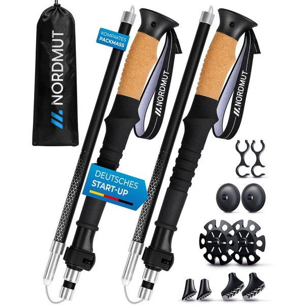 Nordmut Wanderstöcke faltbar, Nordic Walking Stöcke ultraleicht mit Korkgriff und Tasche (Set, 2 St., mit Tasche, Gummipuffern, Schnee- und Matschtellern), Trek