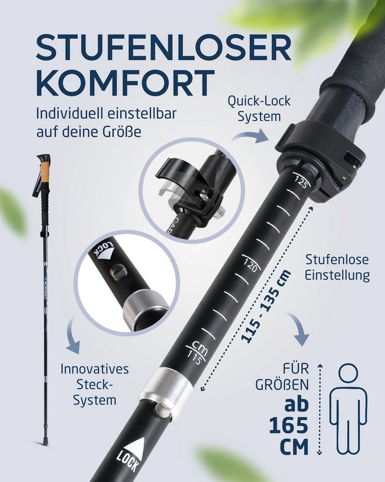 Nordmut Wanderstöcke faltbar, Nordic Walking Stöcke ultraleicht mit Korkgriff und Tasche (Set, 2 St., mit Tasche, Gummipuffern, Schnee- und Matschtellern), Trek – Bild 5 von 5