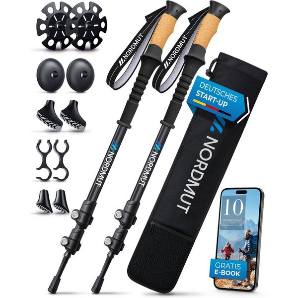 Nordmut Wanderstöcke Teleskop Trekkingstöcke, Nordic Walking Stöcke, Korkgriff, 65–135 cm (Set, 2 St., mit Tasche, Gummipuffern, Schnee- und Matschtellern), ult