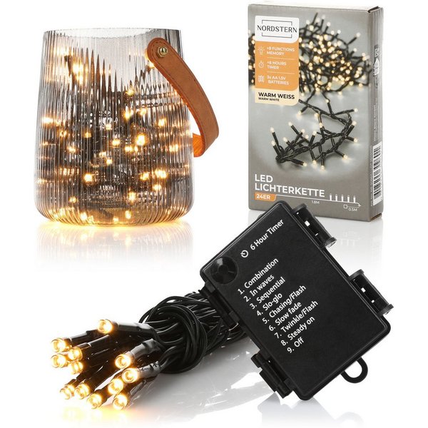 Nordstern LED-Lichterkette WarmWeiß von 24 bis 1.200 LED Weihnachtsdeko für Innen und Außen, Batteriebetrieben 24 LED - 1,8 m für Weihnachtsbaum