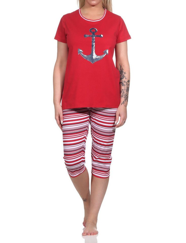 Normann Pyjama Damen Capri Schlafanzug kurzarm Pyjama mit Anker-Motiv und Ringeln – Bild 2 von 5