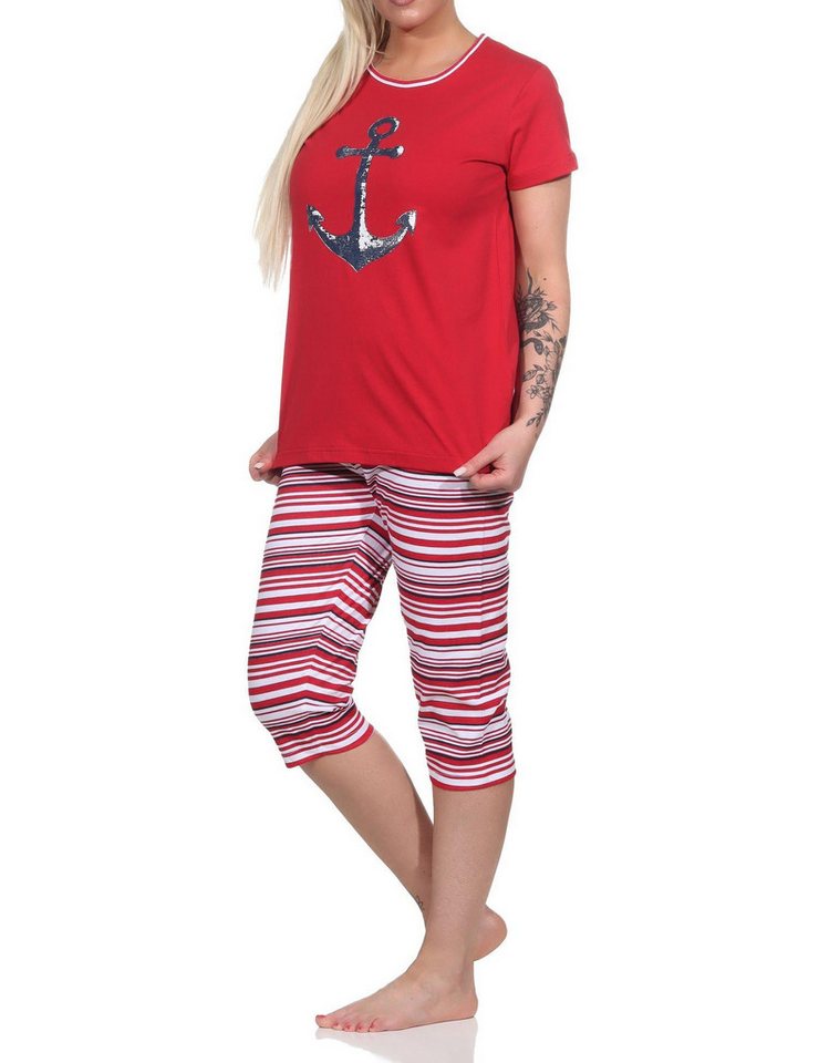 Normann Pyjama Damen Capri Schlafanzug kurzarm Pyjama mit Anker-Motiv und Ringeln – Bild 3 von 5