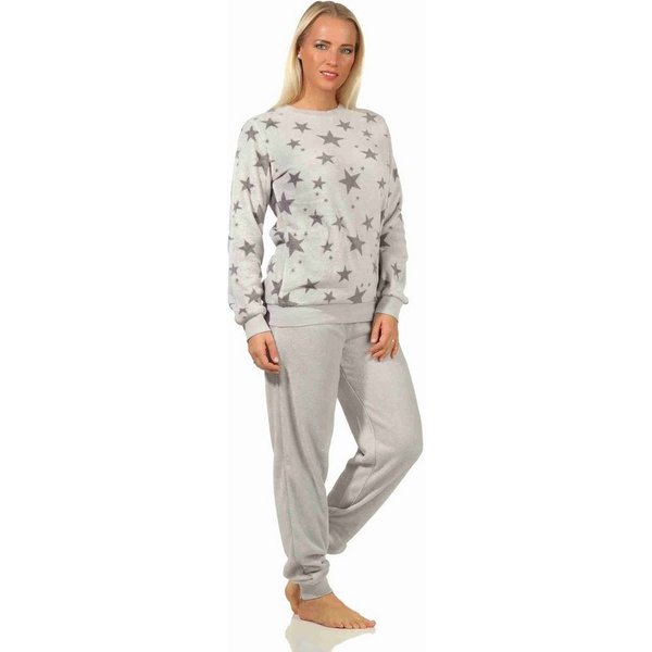 Normann Pyjama Damen Coralfleece Pyjama langarm mit Bündchen und Sternen als Motiv