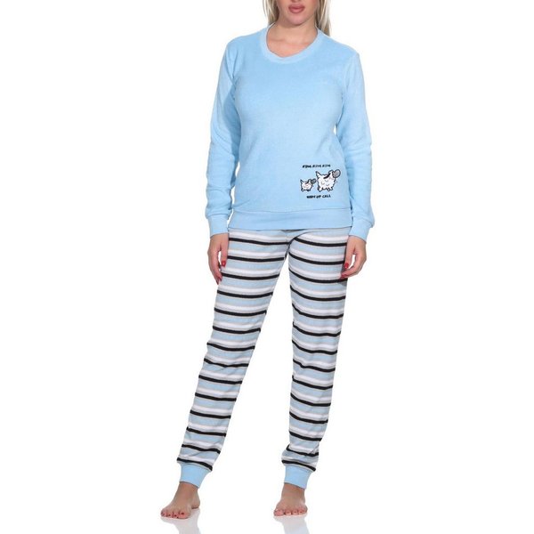Normann Pyjama Damen Frottee Pyjama, Hose gestreift, Oberteil mit süssen Tiermotiv
