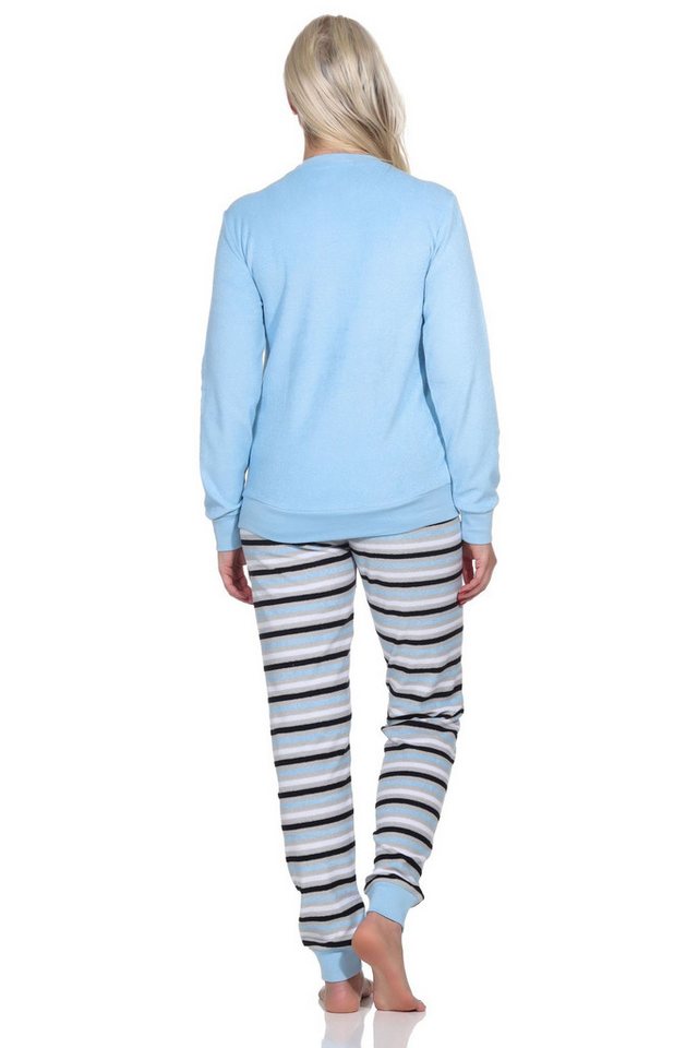 Normann Pyjama Damen Frottee Pyjama, Hose gestreift, Oberteil mit süssen Tiermotiv – Bild 3 von 3