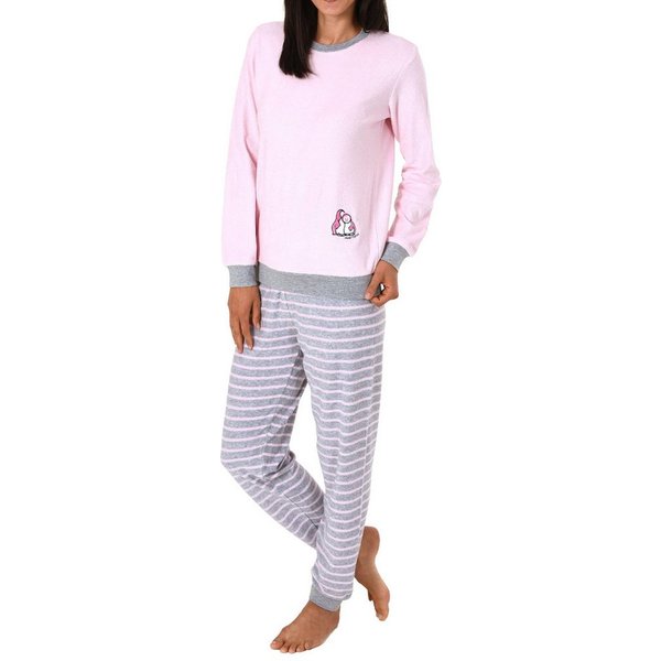Normann Pyjama Damen Frottee Pyjama langarm mit Bündchen und Pinguin Stickerei