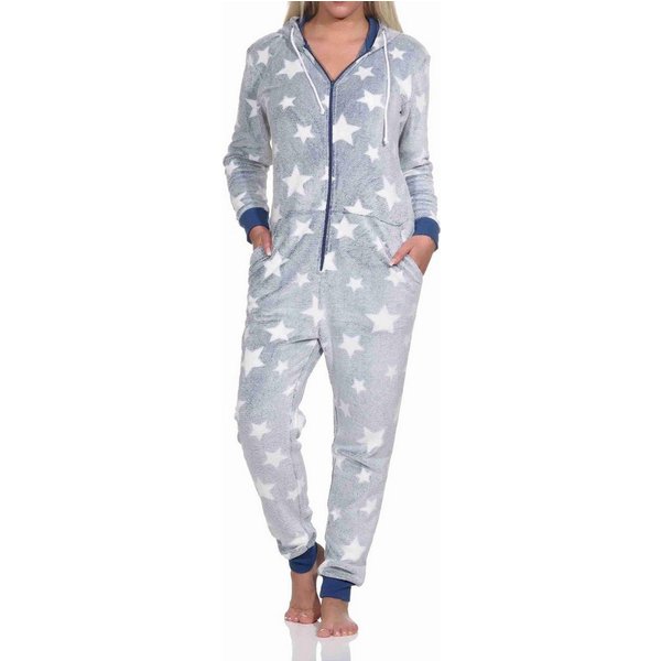 Normann Pyjama Damen Schlafanzug Jumpsuit Overall in Sterneoptik aus Coralfleece