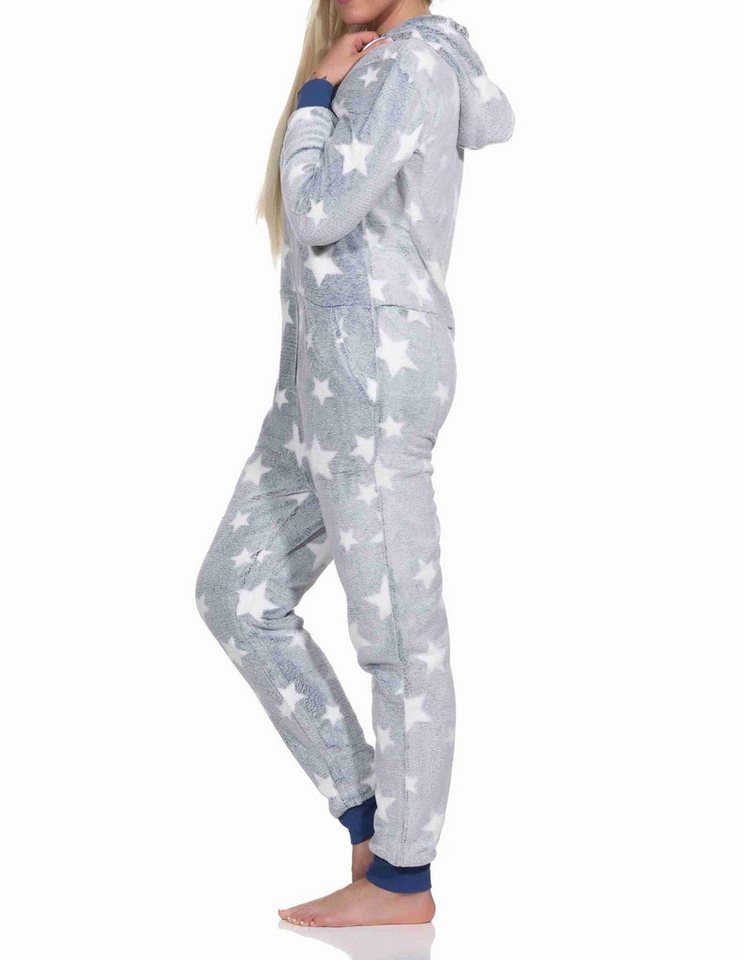 Normann Pyjama Damen Schlafanzug Jumpsuit Overall in Sterneoptik aus Coralfleece – Bild 2 von 4