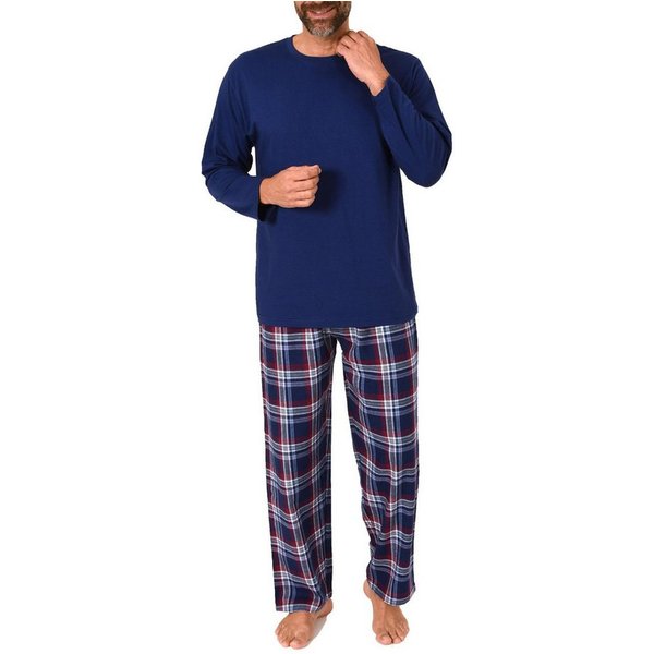 Normann Pyjama Herren Schlafanzug lang, Pyjama mit Flanell-Hose in Karo-Optik