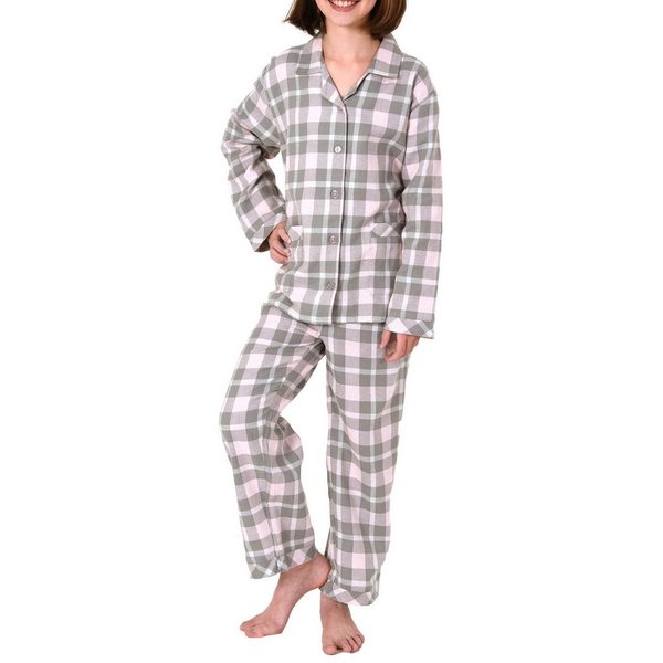 Normann Pyjama Mädchen Flanell Pyjama langarm Schlafanzug kariert mit Knopfleiste