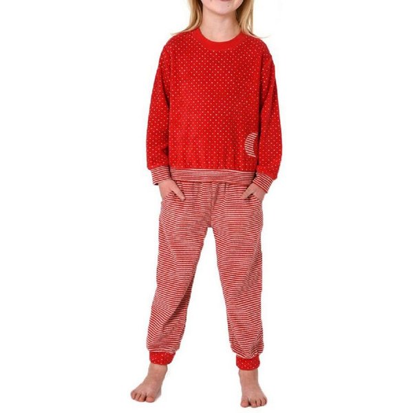 Normann Pyjama Mädchen Frottee Pyjama mit Bündchen, warmer Schlafanzug in Ringeloptik