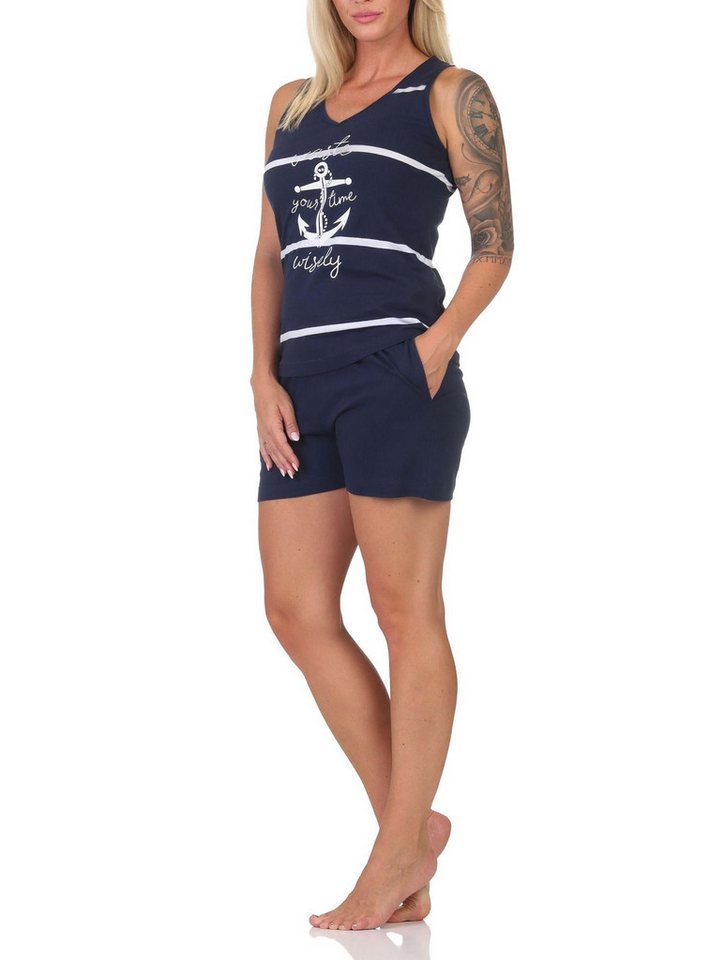 Normann Pyjama Maritimer ärmelloser Damen Shorty Schlafanzug mit Anker Motiv – Bild 5 von 5