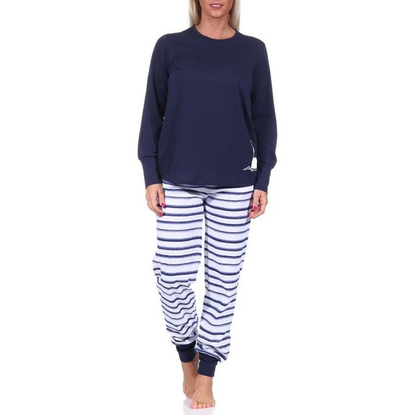Normann Pyjama Maritimer Damen Schlafanzug mit Bündchen, Top mit Leuchturm Motiv