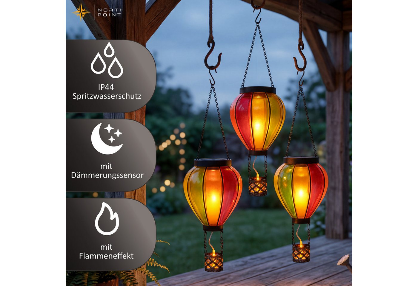 Northpoint LED Solarleuchte Heißluftballon 3er-Set Flammeneffekt Dämmerungssensor – Bild 3 von 5