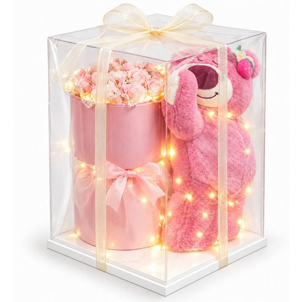 Kunstblume Geschenkbox mit Teddybär, rosa Rosen & LED – Geschenkset für Frauen, Norvéa Home, Teddy, Rosen & LED – Geschenk für Frauen, Geburtstag und Valentinst