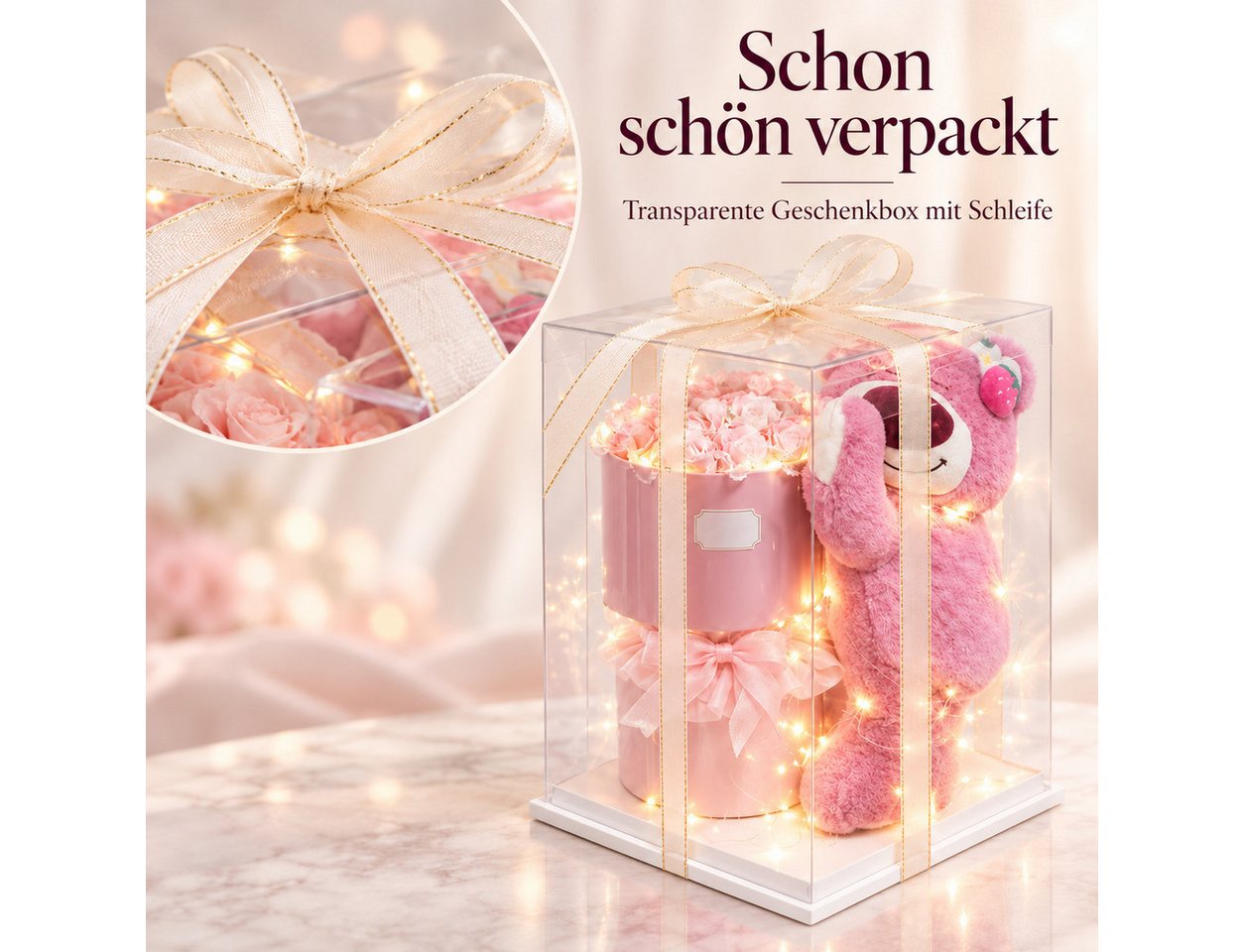 Kunstblume Geschenkbox mit Teddybär, rosa Rosen & LED – Geschenkset für Frauen, Norvéa Home, Teddy, Rosen & LED – Geschenk für Frauen, Geburtstag und Valentinst – Bild 3 von 5