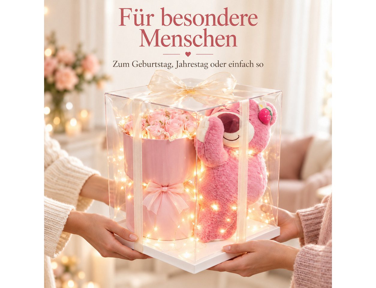 Kunstblume Geschenkbox mit Teddybär, rosa Rosen & LED – Geschenkset für Frauen, Norvéa Home, Teddy, Rosen & LED – Geschenk für Frauen, Geburtstag und Valentinst – Bild 4 von 5