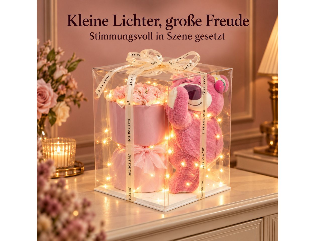 Kunstblume Geschenkbox mit Teddybär, rosa Rosen & LED – Geschenkset für Frauen, Norvéa Home, Teddy, Rosen & LED – Geschenk für Frauen, Geburtstag und Valentinst – Bild 5 von 5