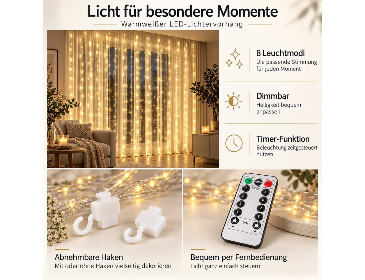 Norvéa Home LED-Lichterkette Lichterkette, Lichtervorhang – mit Fernbedienung, Warmweißes Licht, Fernbedienung, verschiedene Modi – Bild 2 von 5