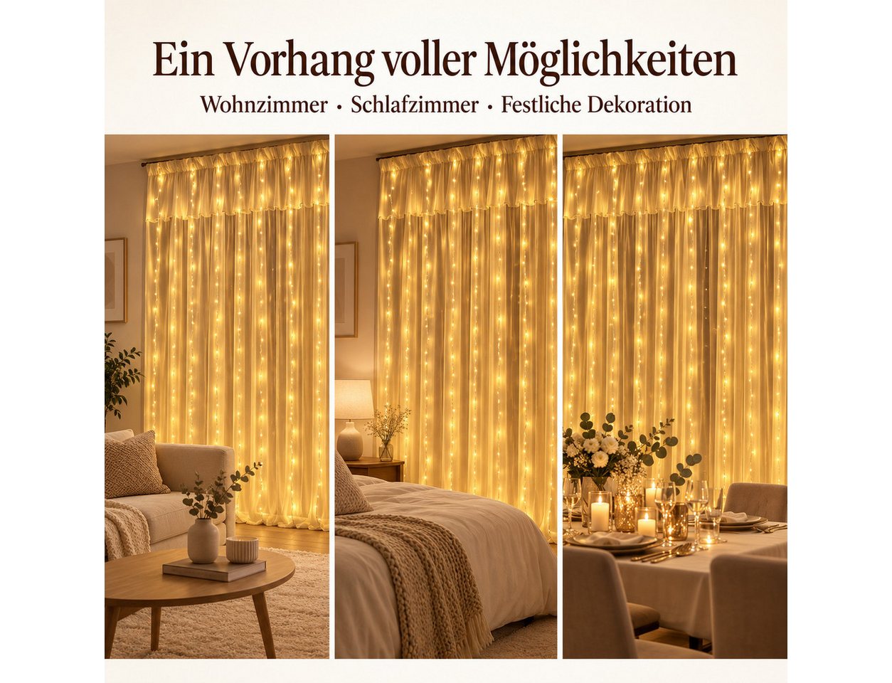 Norvéa Home LED-Lichterkette Lichterkette, Lichtervorhang – mit Fernbedienung, Warmweißes Licht, Fernbedienung, verschiedene Modi – Bild 4 von 5