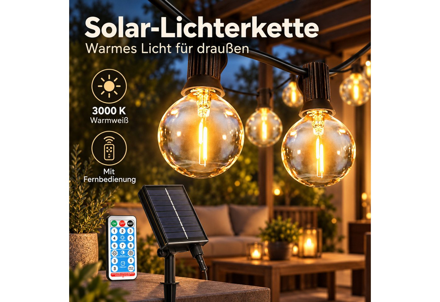 Norvéa Home LED-Lichterkette Solar-LED-Lichterkette außen, dimmbar, Fernbedienung & Timer, IP65, Solarbetrieben, 8 Leuchtmodi, dimmbar, Timer, Fernbedienung – Bild 2 von 5