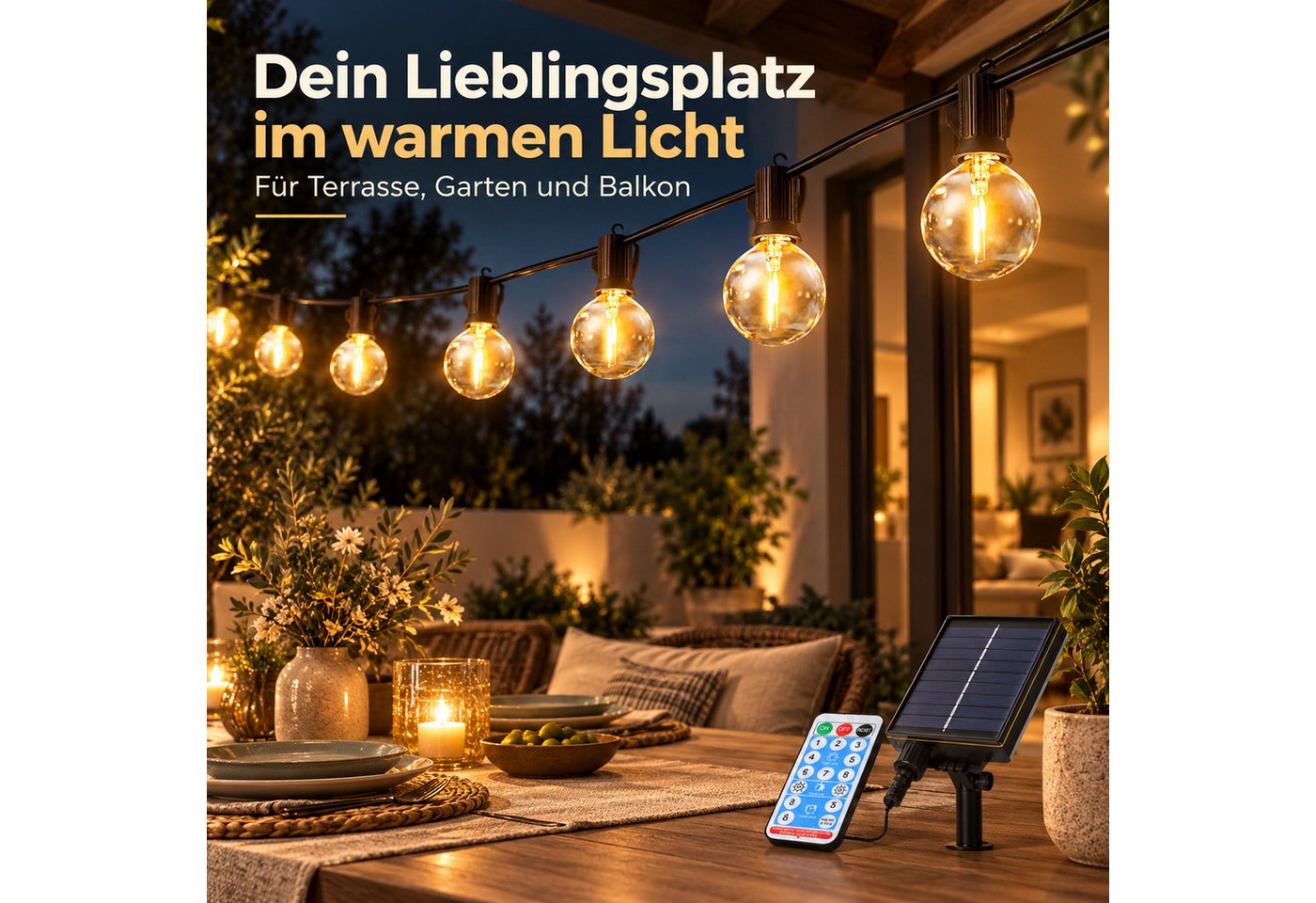 Norvéa Home LED-Lichterkette Solar-LED-Lichterkette außen, dimmbar, Fernbedienung & Timer, IP65, Solarbetrieben, 8 Leuchtmodi, dimmbar, Timer, Fernbedienung – Bild 3 von 5