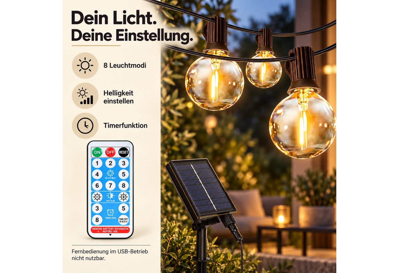 Norvéa Home LED-Lichterkette Solar-LED-Lichterkette außen, dimmbar, Fernbedienung & Timer, IP65, Solarbetrieben, 8 Leuchtmodi, dimmbar, Timer, Fernbedienung – Bild 4 von 5