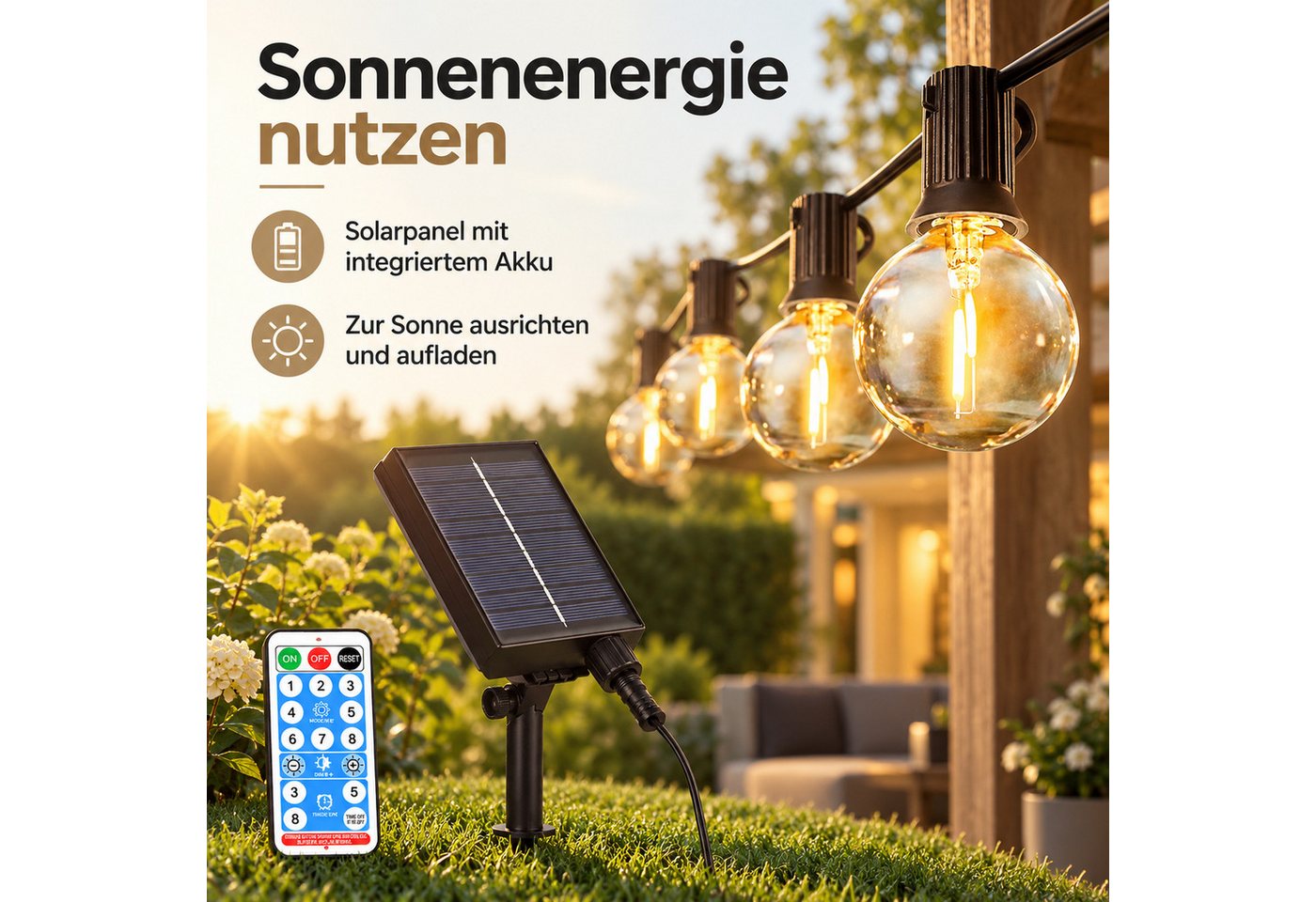 Norvéa Home LED-Lichterkette Solar-LED-Lichterkette außen, dimmbar, Fernbedienung & Timer, IP65, Solarbetrieben, 8 Leuchtmodi, dimmbar, Timer, Fernbedienung – Bild 5 von 5