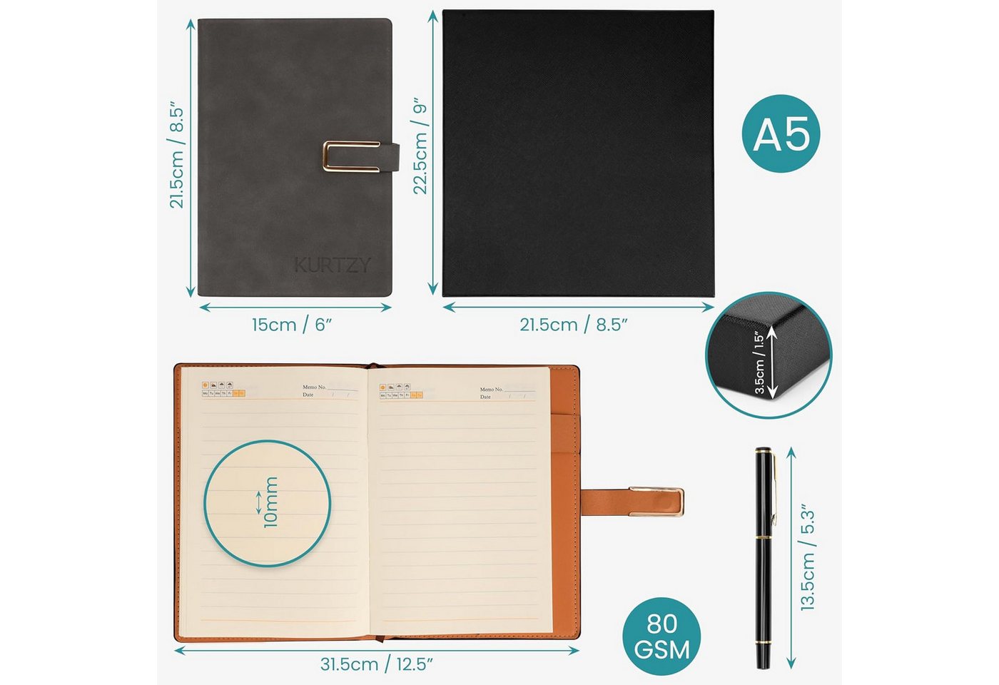Kurtzy Notizbuch Kurtzy Notizbuch A5 PU-Leder mit Stift, nachfüllbar, dunkelgrau – Bild 3 von 5