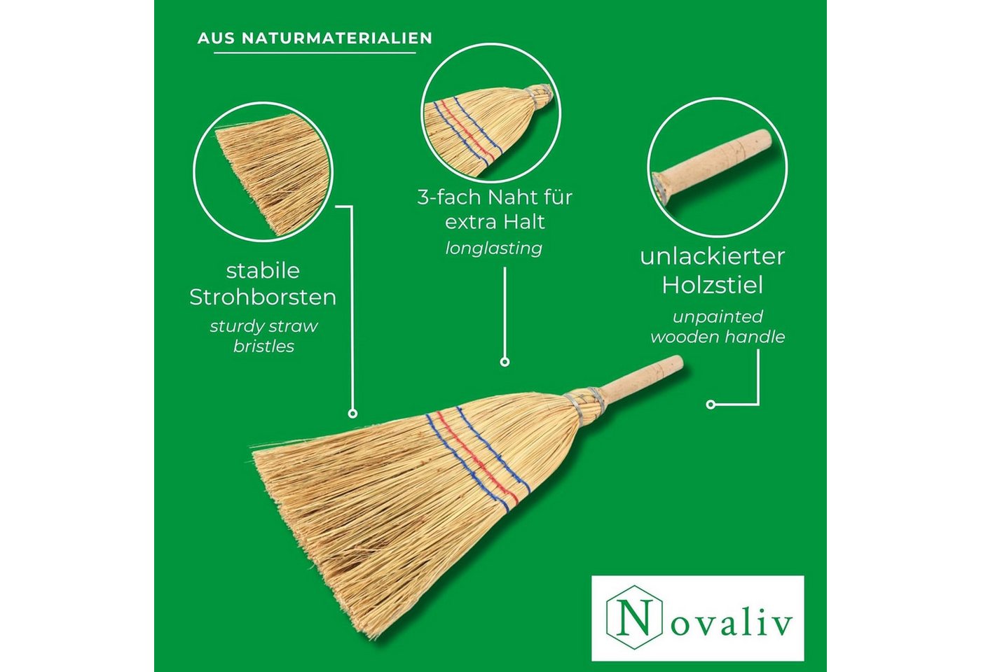 Novatool Kehrgarnitur 30758-1x, (1-tlg), Novatool Kleiner Besen Reisigbesen mit Stiel kurz 40cm Strohbesen Kind – Bild 4 von 5