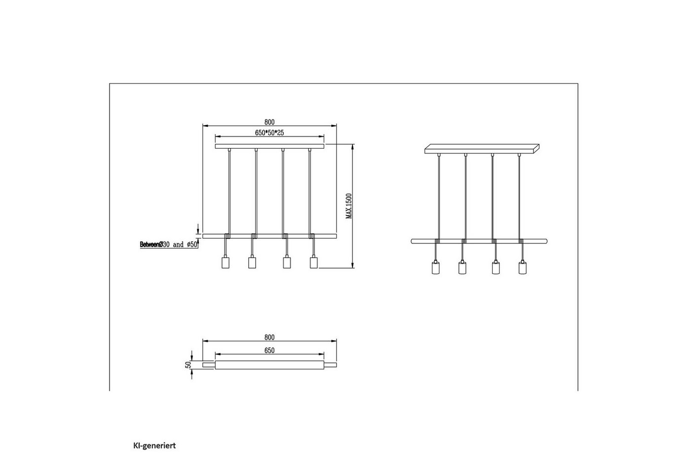 NOWA Deckenleuchte Deckenleuchte 4-flammig TERIS, ohne Leuchtmittel, Deckenlampe Pendelleuchte – Bild 4 von 4