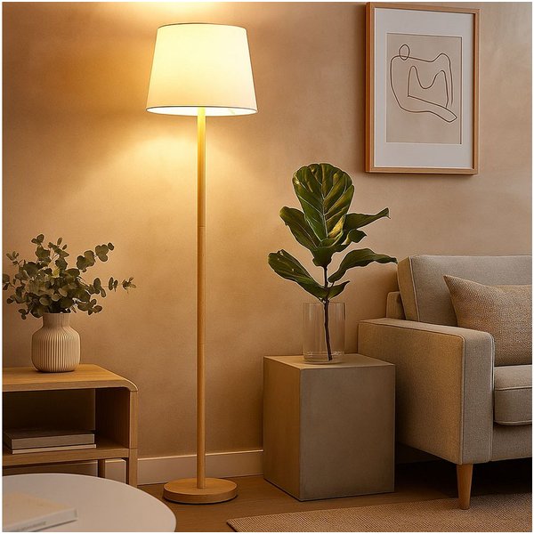 NOWA LED Stehlampe, Leuchtmittel inklusive, Warmweiß, LED Stehleuchte Bodenlampe Metall Holzoptik mit Fußschalter H 151 cm