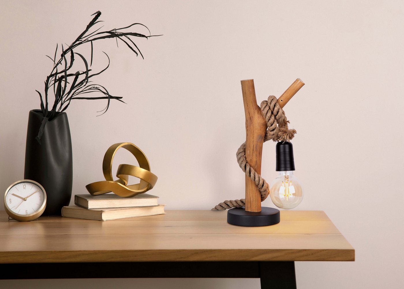 NOWA Tischleuchte, Leuchtmittel nicht inklusive, Tischlampe Tischleuchte Nachttischlampe Holzlampe Hanfseil E27 H 40 cm – Bild 2 von 4
