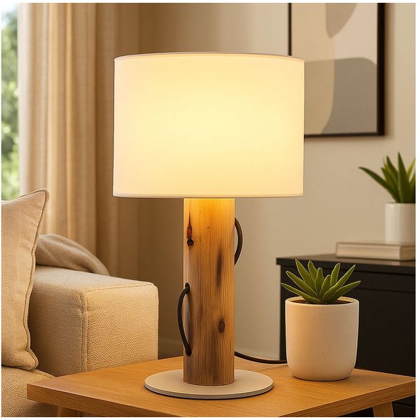 NOWA Tischleuchte, Leuchtmittel nicht inklusive, Tischlampe Tischleuchte Nachttischleuchte Holz braun Stoff weiß E14 H
