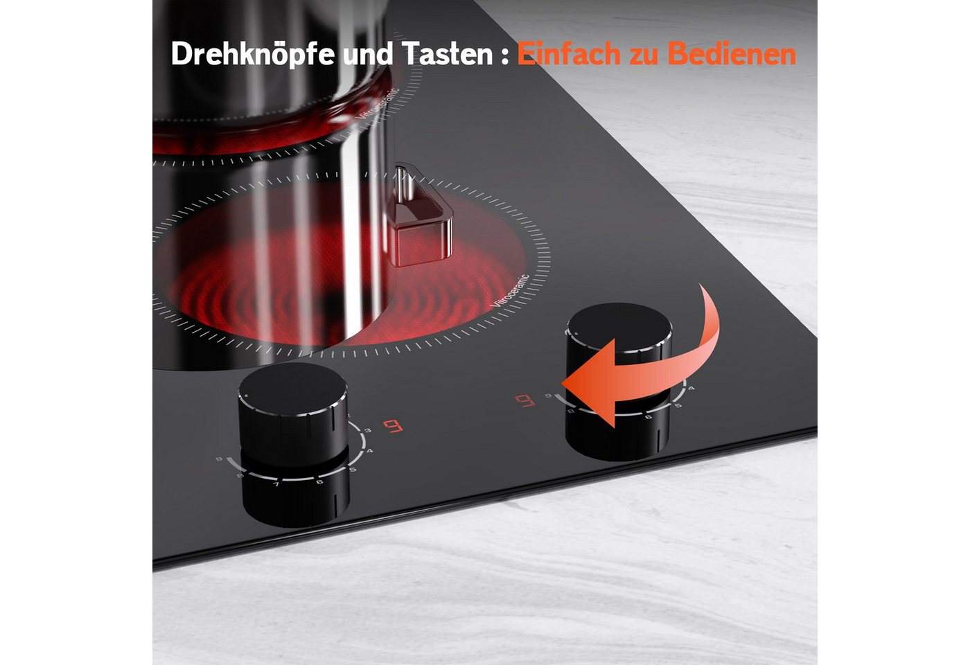 NOXTON Elektro-Kochfeld Glaskeramikkochfeld 2 Platten, für Alle Topfarten mit Drehreglern, Einbau-Herdplatte, 2 Kochfeldern, 9 Leistungsstufen, Restwärme-Erinne – Bild 2 von 5