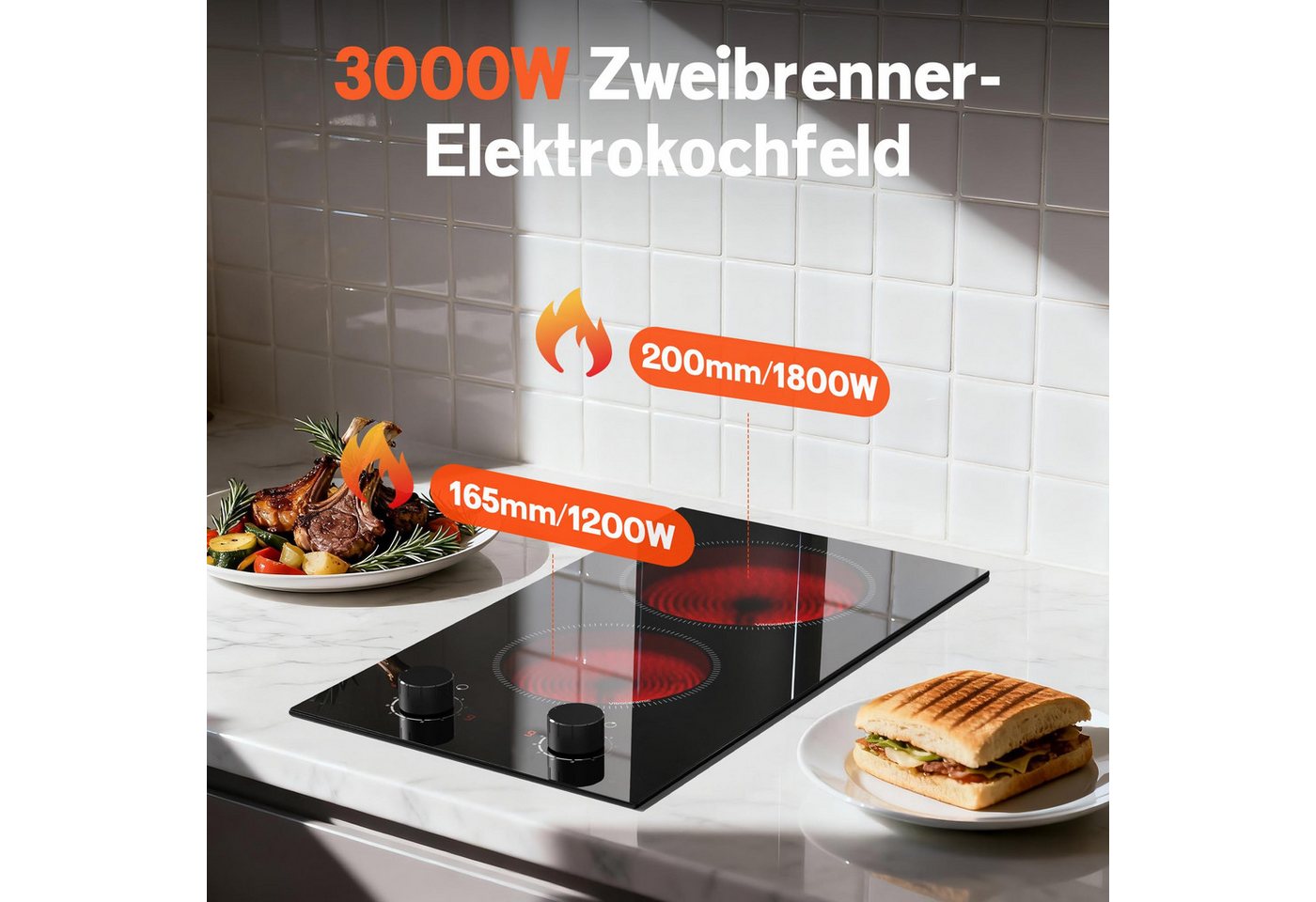 NOXTON Elektro-Kochfeld Glaskeramikkochfeld 2 Platten, für Alle Topfarten mit Drehreglern, Einbau-Herdplatte, 2 Kochfeldern, 9 Leistungsstufen, Restwärme-Erinne – Bild 3 von 5