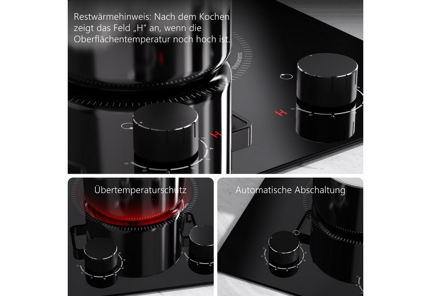 NOXTON Elektro-Kochfeld Glaskeramikkochfeld 2 Platten, für Alle Topfarten mit Drehreglern, Einbau-Herdplatte, 2 Kochfeldern, 9 Leistungsstufen, Restwärme-Erinne – Bild 4 von 5