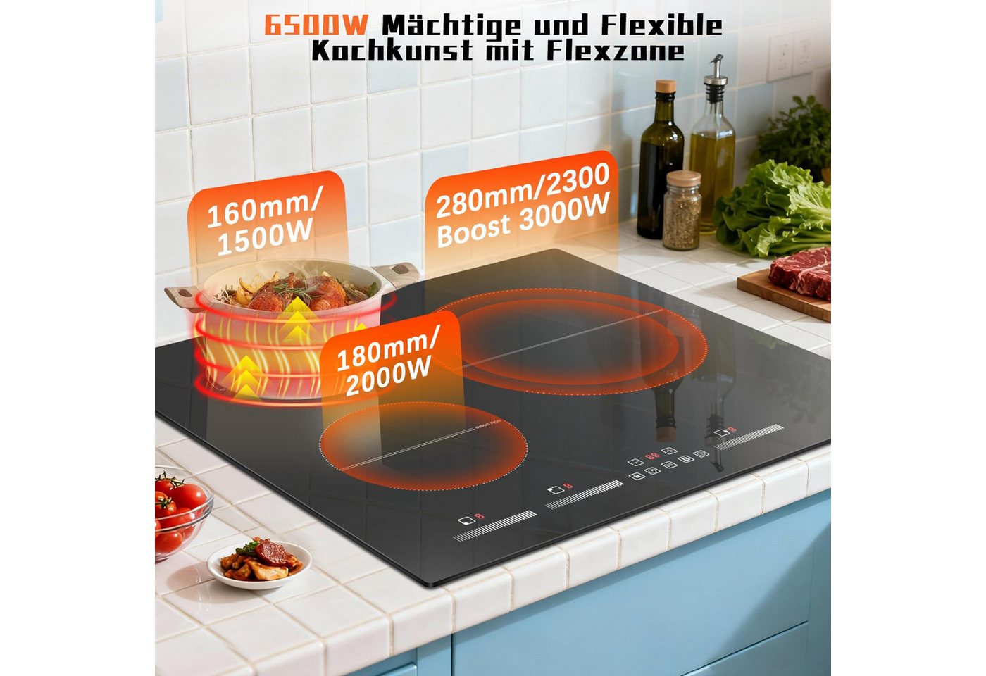 NOXTON Induktions-Kochfeld Induktionskochfeld 3 Platten Einbau, Herd Induktion 60 cm, Induktionsherd mit Boost-Funktion, 3 Brenner 9 Heizstufen, Timer, Kindersp – Bild 2 von 5