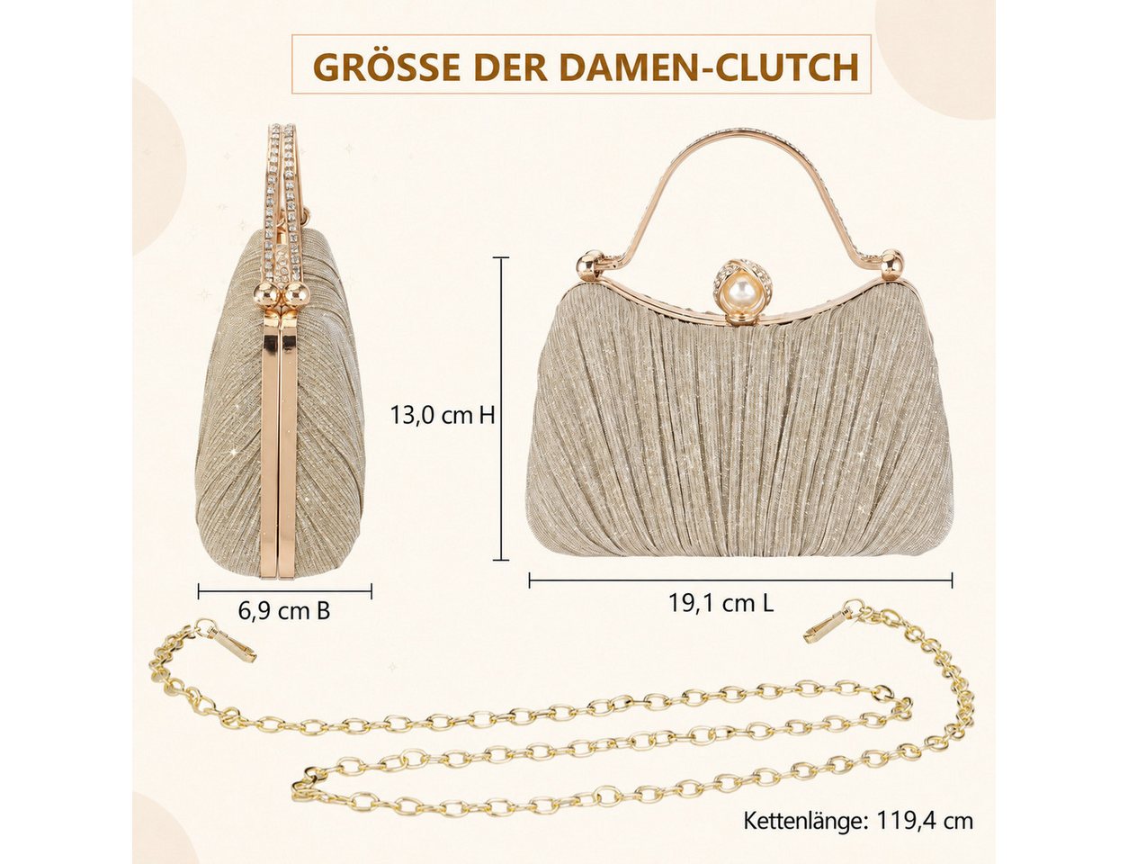 nsihing Abendtasche Damen Abendtasche, Glitzer Clutch mit Abnehmbarer Kette, Elegante Strass Handtasche für Hochzeit, Party & Festliche Anlässe – Bild 2 von 5