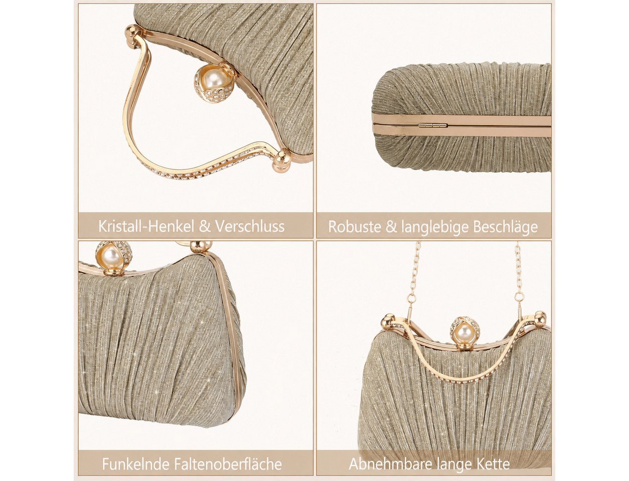 nsihing Abendtasche Damen Abendtasche, Glitzer Clutch mit Abnehmbarer Kette, Elegante Strass Handtasche für Hochzeit, Party & Festliche Anlässe – Bild 3 von 5