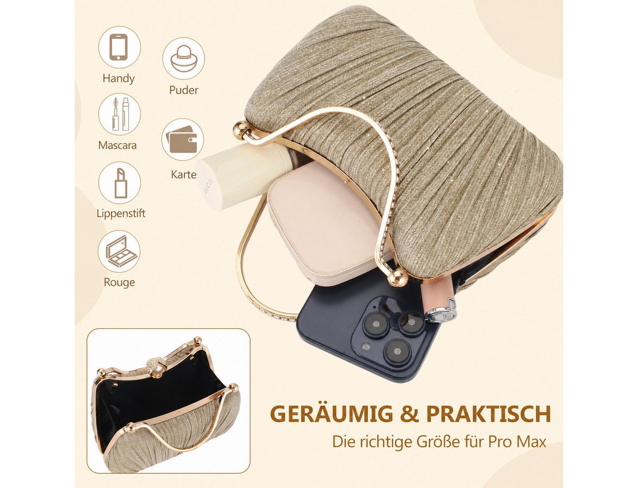 nsihing Abendtasche Damen Abendtasche, Glitzer Clutch mit Abnehmbarer Kette, Elegante Strass Handtasche für Hochzeit, Party & Festliche Anlässe – Bild 4 von 5